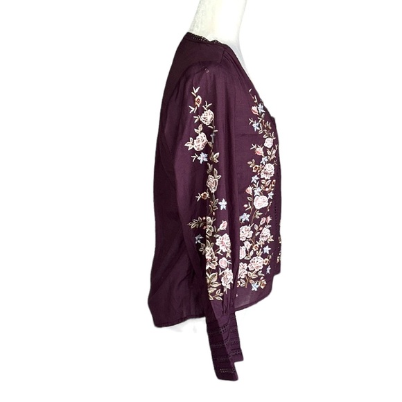 Sundance Eggplant Purple Embroidered Eyelet Puff Sleeve Button Front Top - XS - Picture 7 of 14